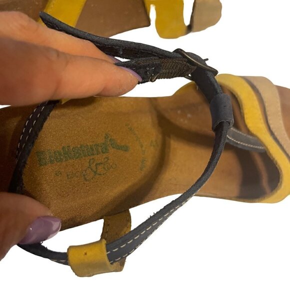 BioNatural by Bos & Co Wedge Sandals Blue & Mustard Yellow Leather Cork Size 9 - Picture 10 of 11
